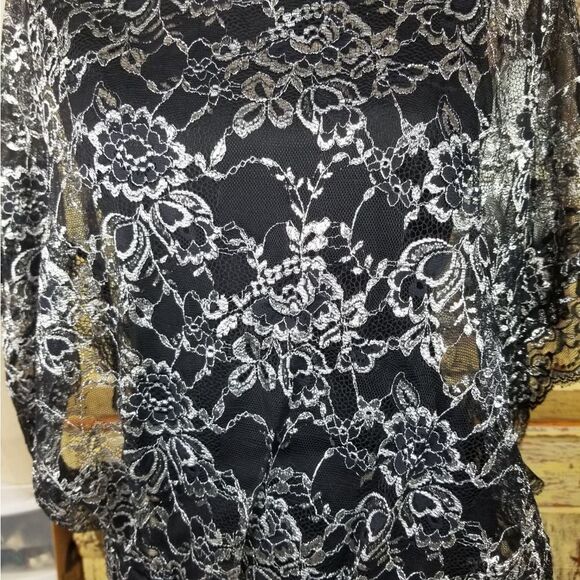 Black Sheer Metallic Silver Sparkle Floral Lace Little Black Dress - Picture 10 of 12